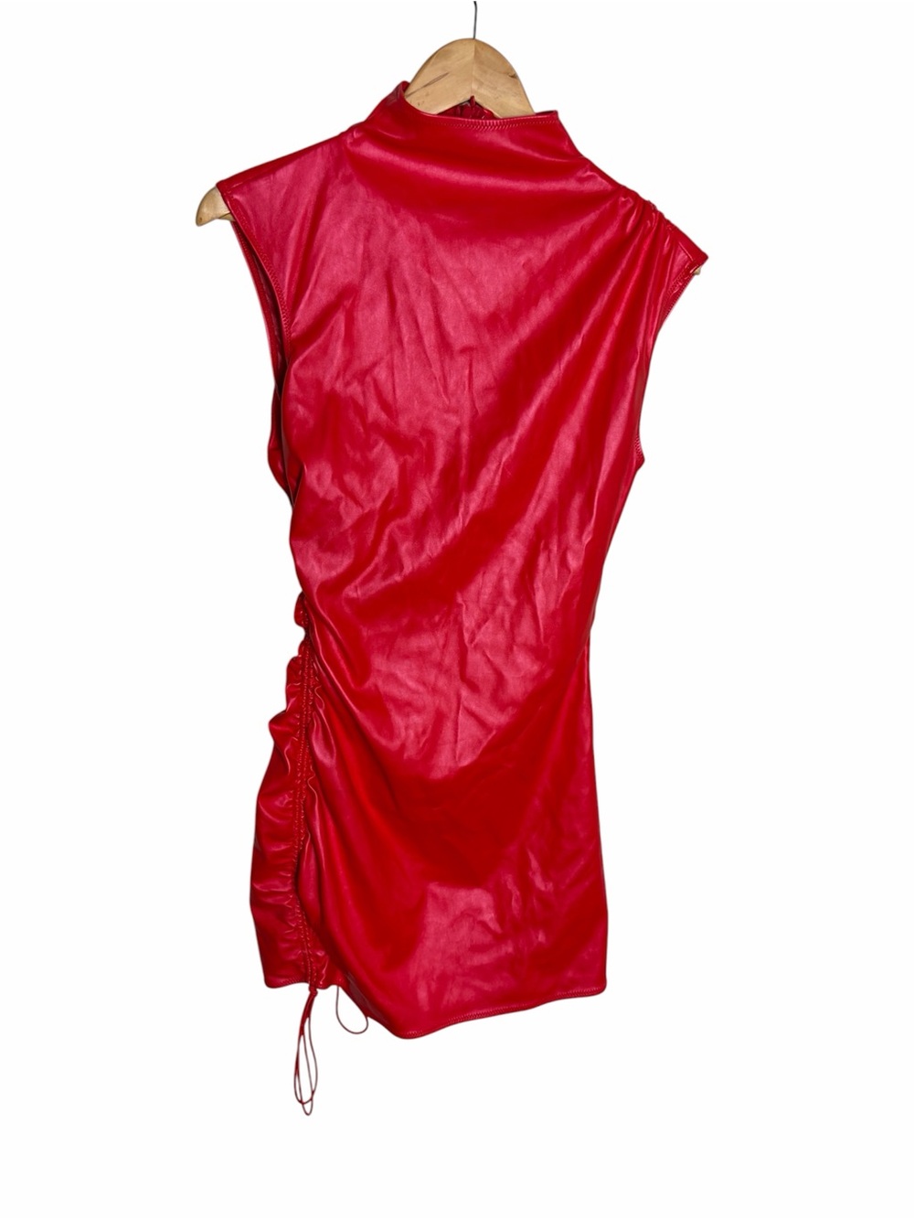 Mars the label red mock neck faux latex leather side ruched mini dress size 8